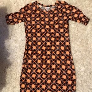 BOGO 1/2 OFF Sz XS Lularoe Julia Midi Orange Diamond Patterned Black Background.